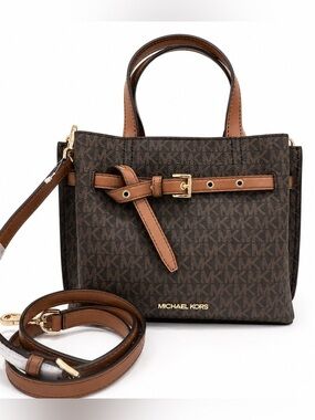 Michael Kors Emilia Small Logo Printed Canvas Satchel Bag in Brown